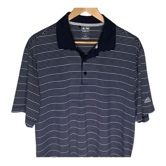 Adidas Climalite Golf Polo Shirt Navy Blue Stripe Size M Moisture Wicking - Picture 2 of 11